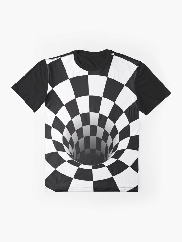 Optical illusion black and white graphic tee with a warped checkerboard design - Flat lay