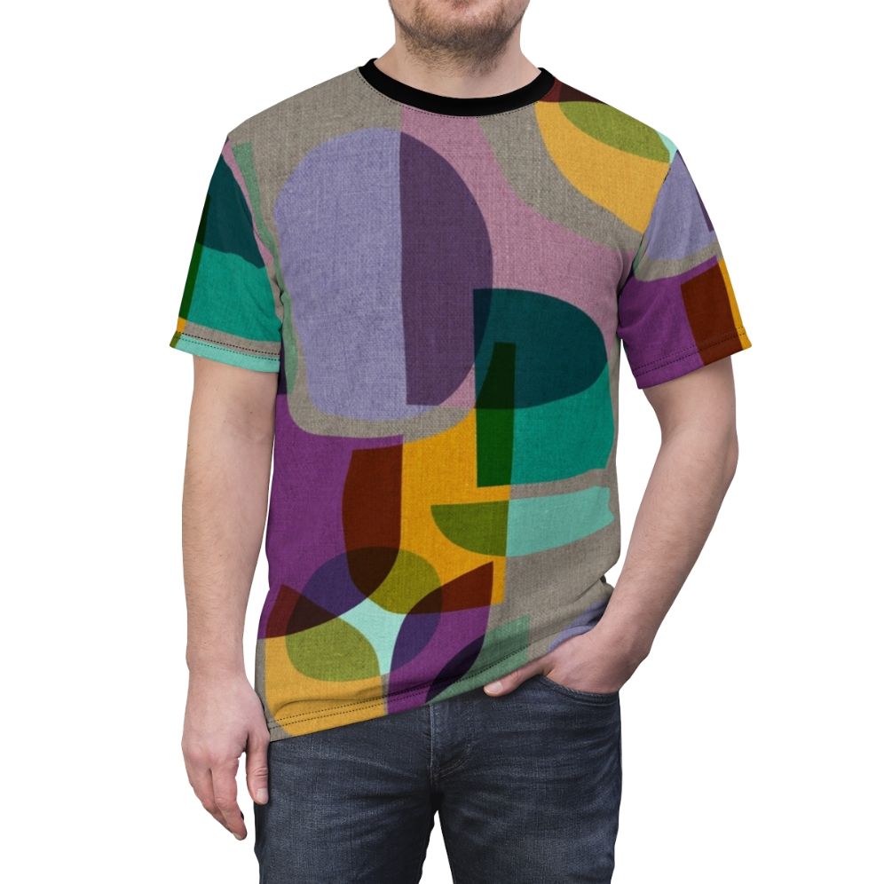 Multicolored abstract kaleidoscope design on a mid century-inspired t-shirt - men front