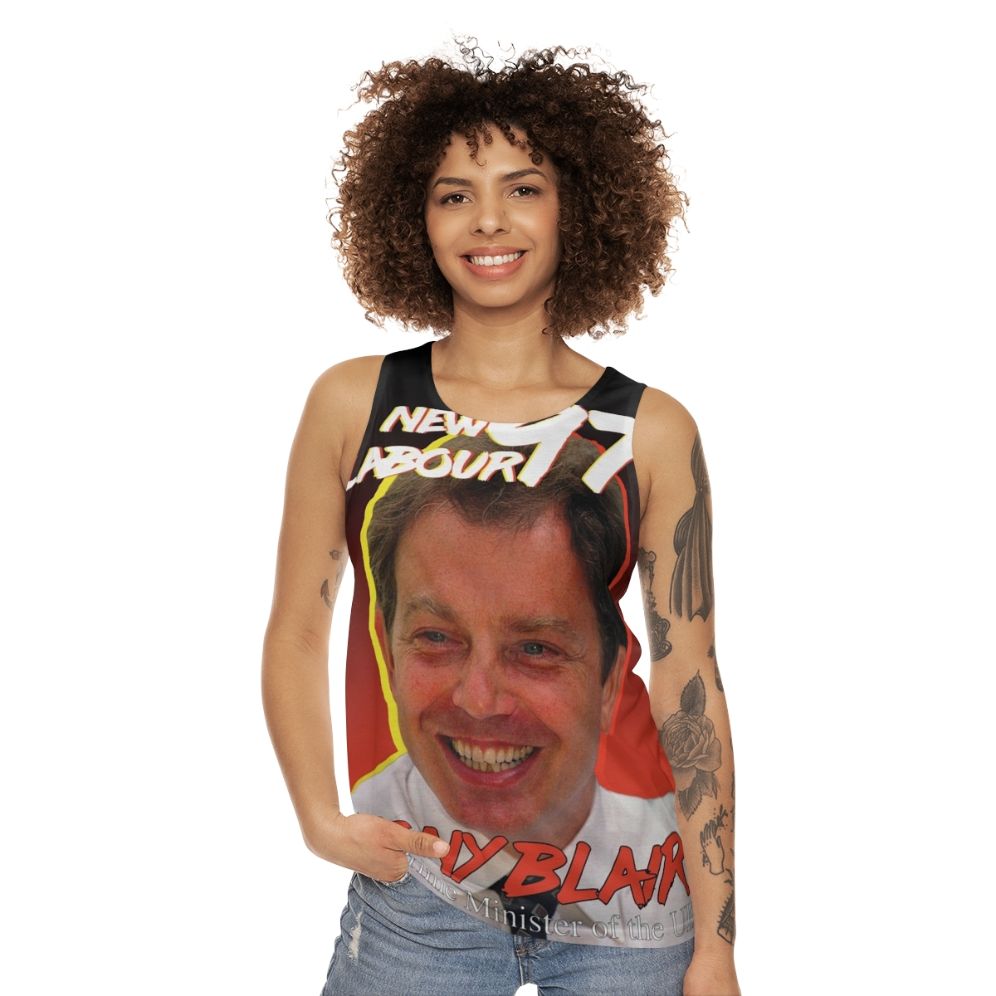 Vintage style unisex tank top with Tony Blair and Labour Party imagery - women