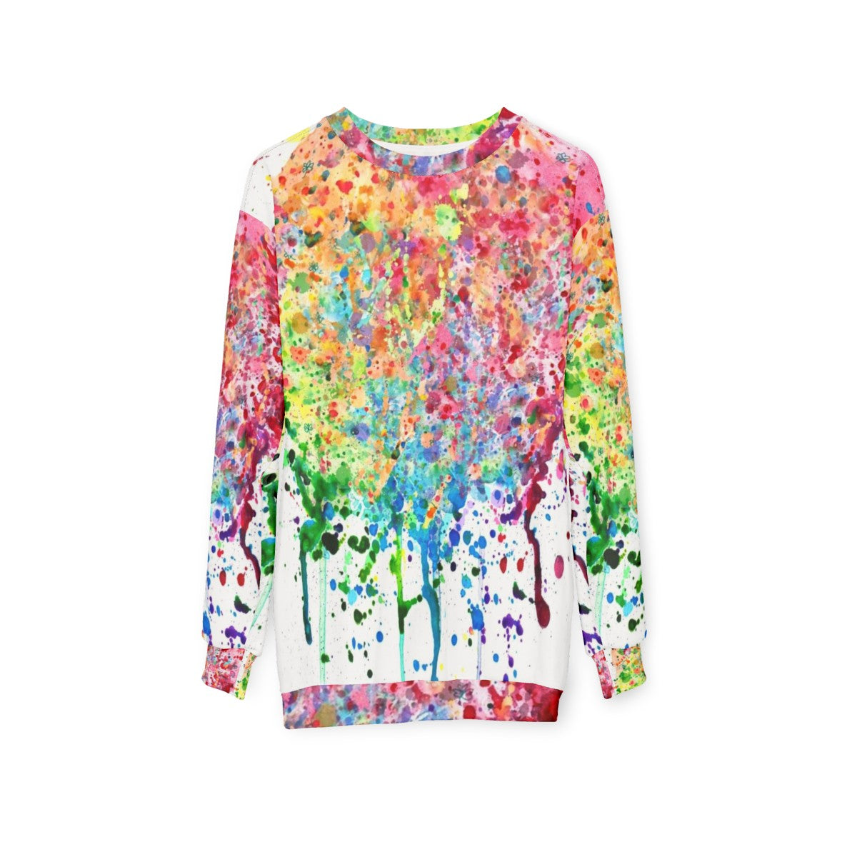 Colorful rainbow paint splatter drip design on a sweatshirt - hanging