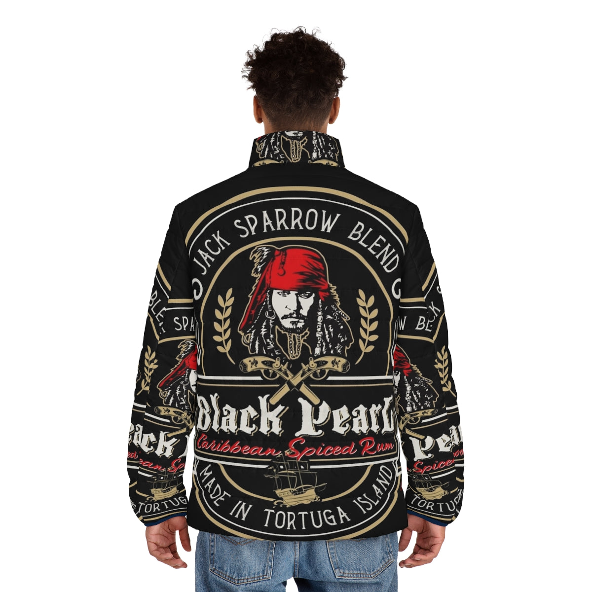 Black Pearl Rum Puffer Jacket featuring a pirate skull design - men back