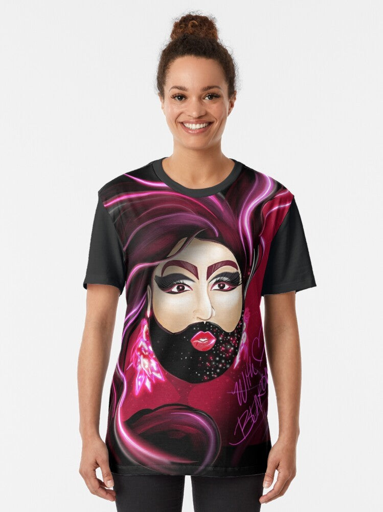 Graphic t-shirt design featuring a bearded drag queen character named Bearonce, a play on the term "bear" in the LGBTQ+ community. - Women