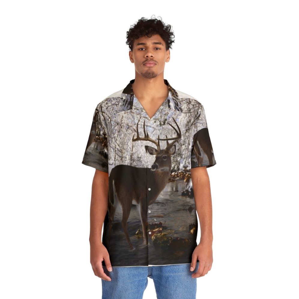 Whitetail deer Hawaiian shirt with tropical pattern - People Front