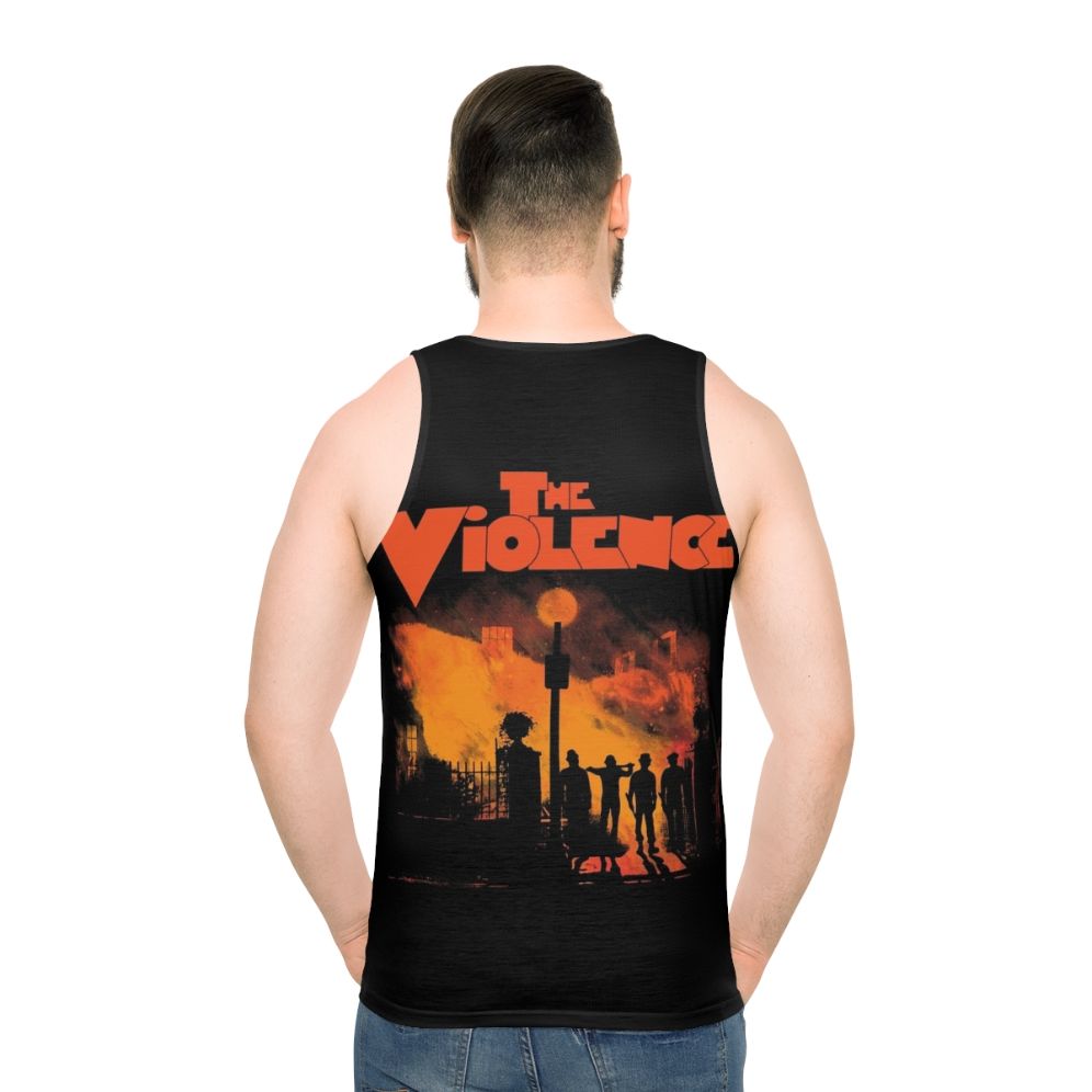 Unisex horror movie tank top with violent, spooky, and humor-filled design - men back