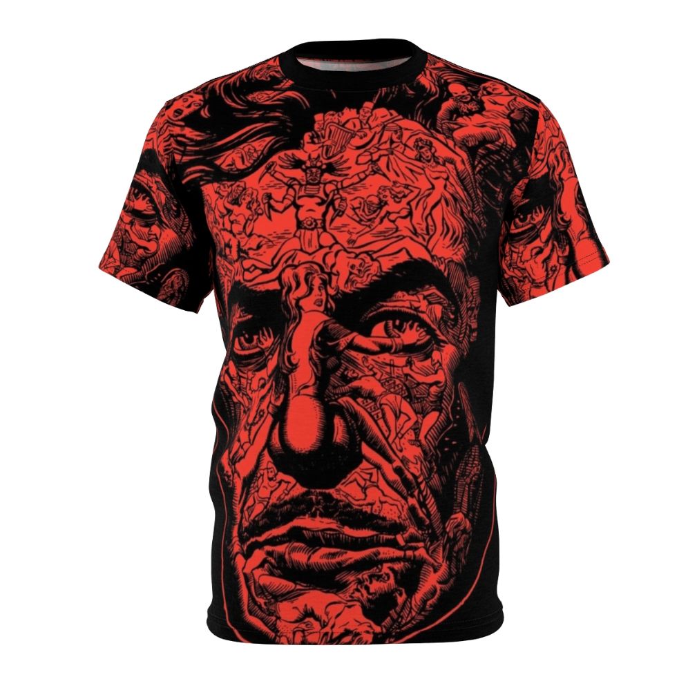 Vintage-inspired t-shirt design featuring Edgar Allan Poe's 'The Masque of the Red Death' horror theme