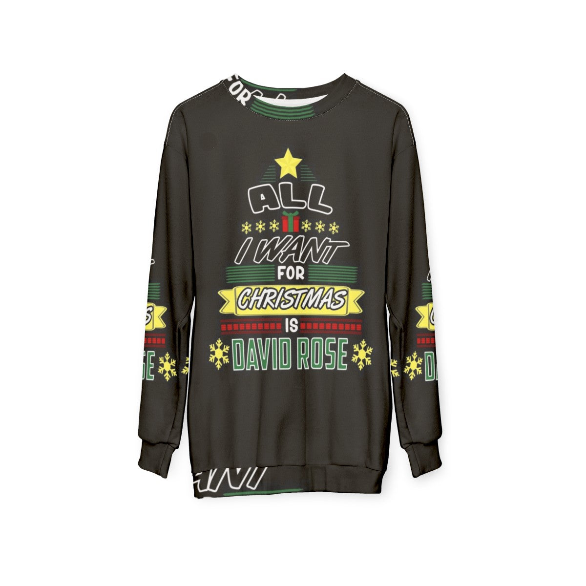 Schitt's Creek Christmas Tree Sweatshirt featuring the Rose family - hanging