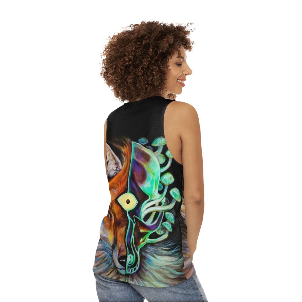 Enlightened unisex tank top with psychedelic third eye and skull design - women back