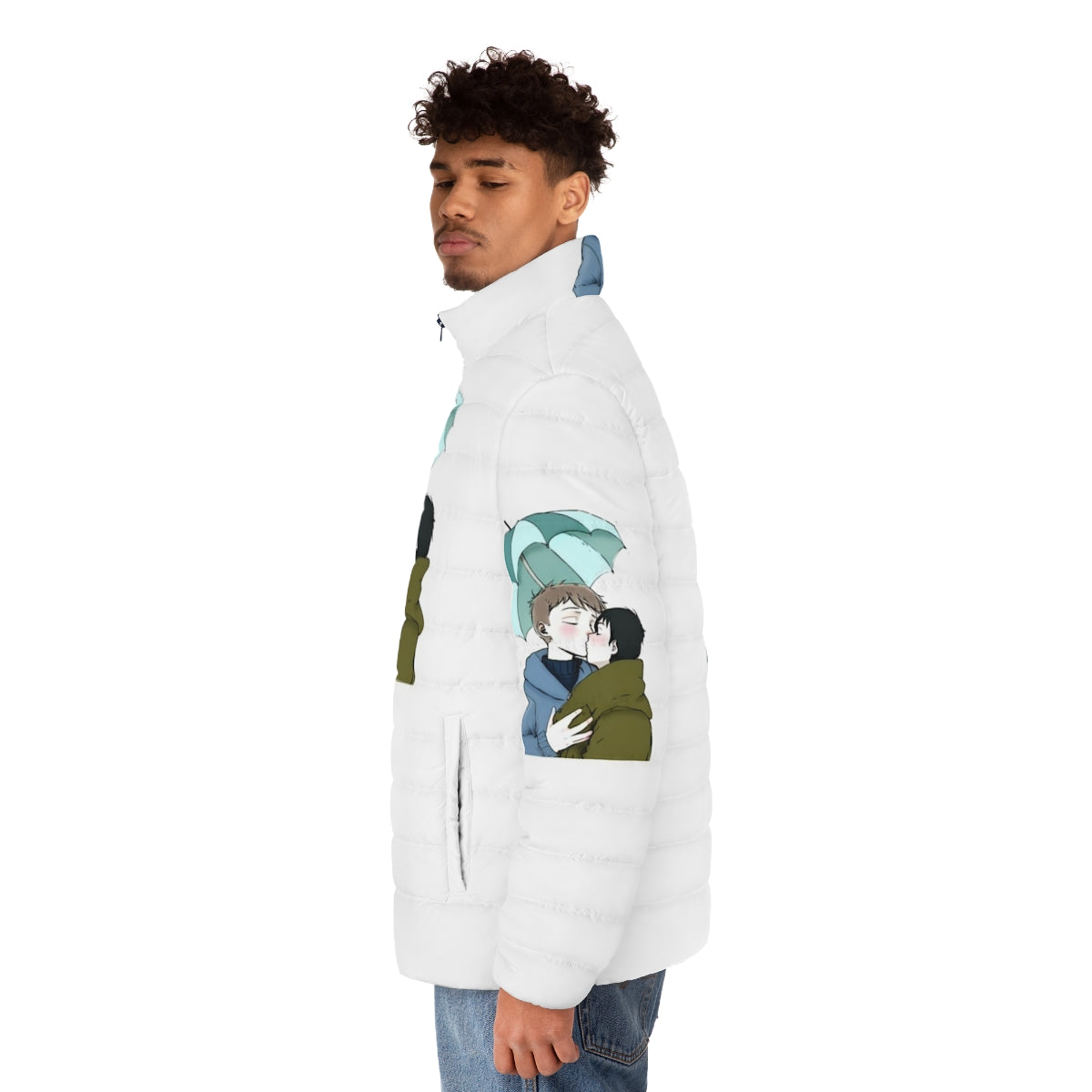 Heartstopper inspired puffer jacket with leaves design - men side left