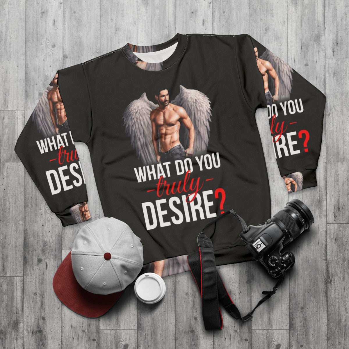 Desire Sweatshirt with Lucifer Morningstar Design - flat lay