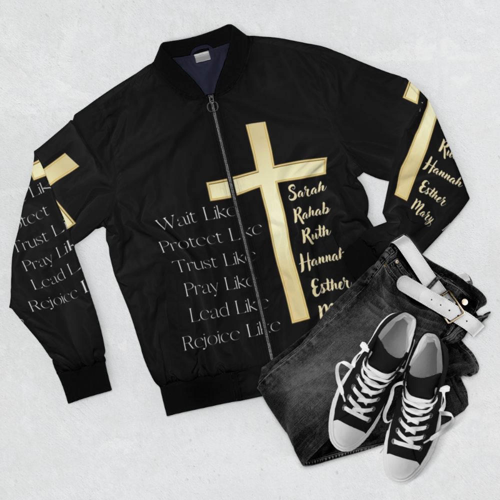 Motivational Christian Bomber Jacket with Bible Verse Quotes - Flat lay