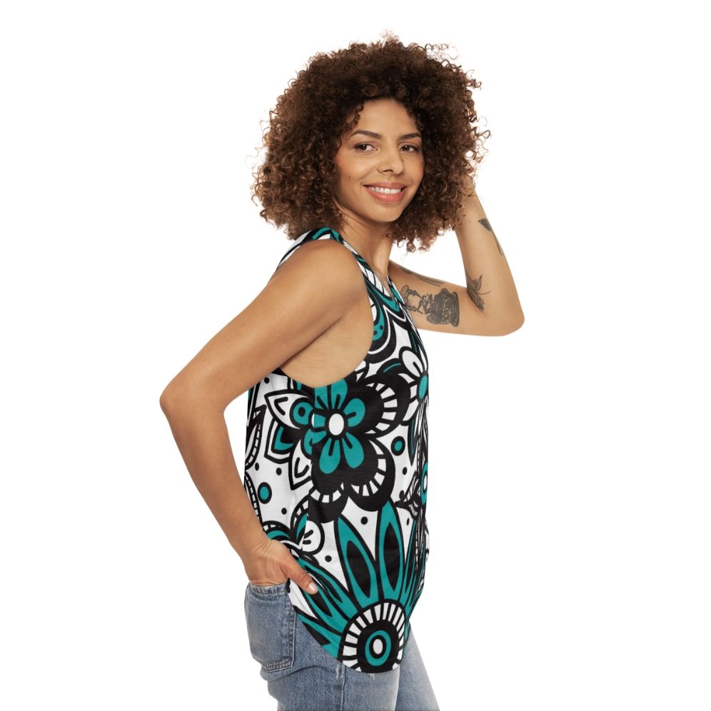 Teal and white floral print unisex tank top - women side