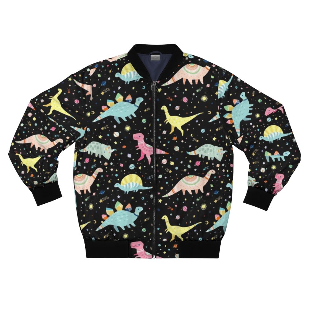 A colorful dinosaur-patterned bomber jacket for kids, featuring T-rex, Apatosaurus, Stegosaurus, and other prehistoric creatures.