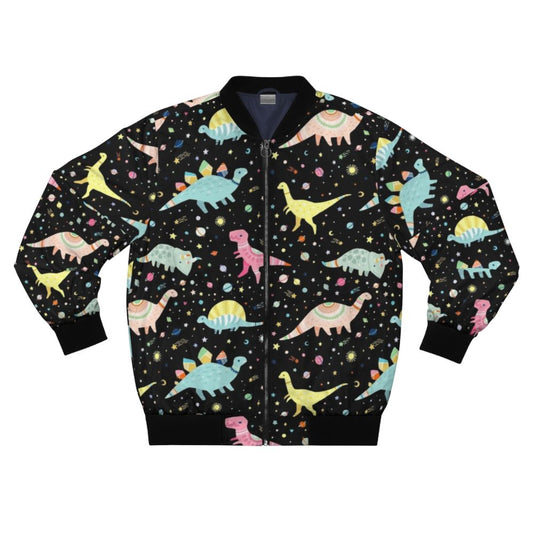 A colorful dinosaur-patterned bomber jacket for kids, featuring T-rex, Apatosaurus, Stegosaurus, and other prehistoric creatures.