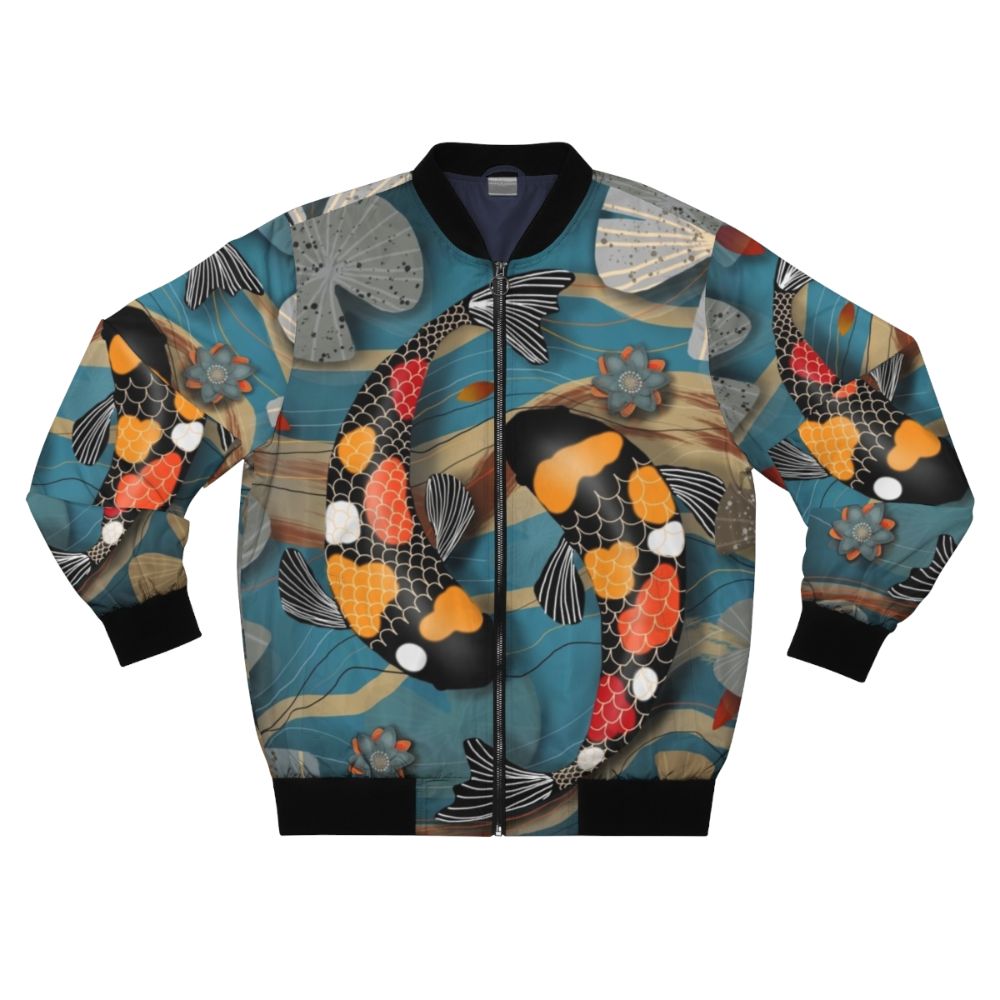 Koi fish swimming in a watergarden, featured on a stylish bomber jacket