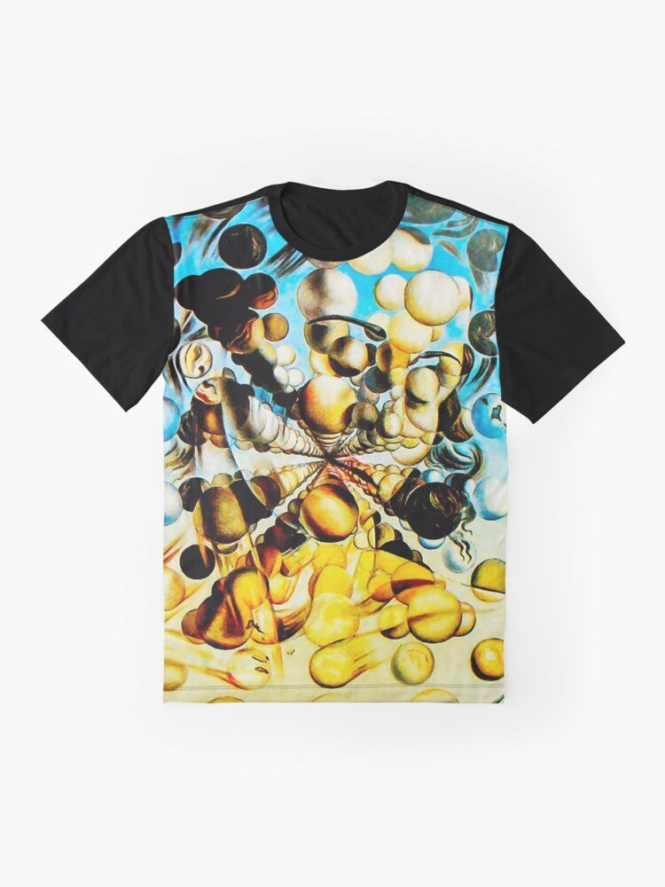 A graphic t-shirt featuring Salvador Dali's surrealist painting "Galatea of the Spheres" - Flat lay