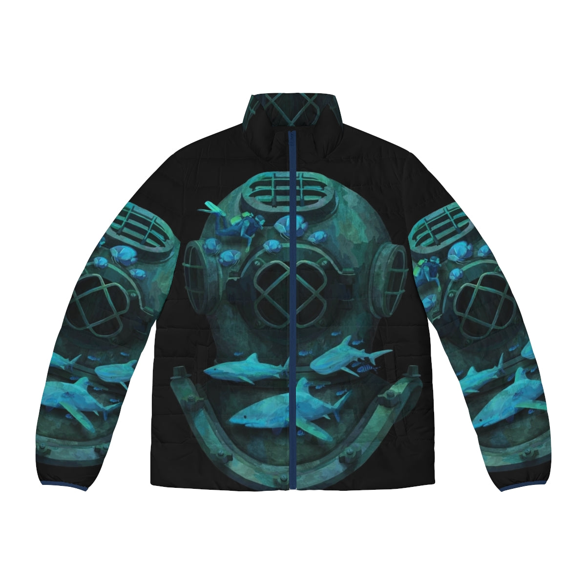 A whimsical puffer jacket featuring a deep diving design with marine life and underwater exploration