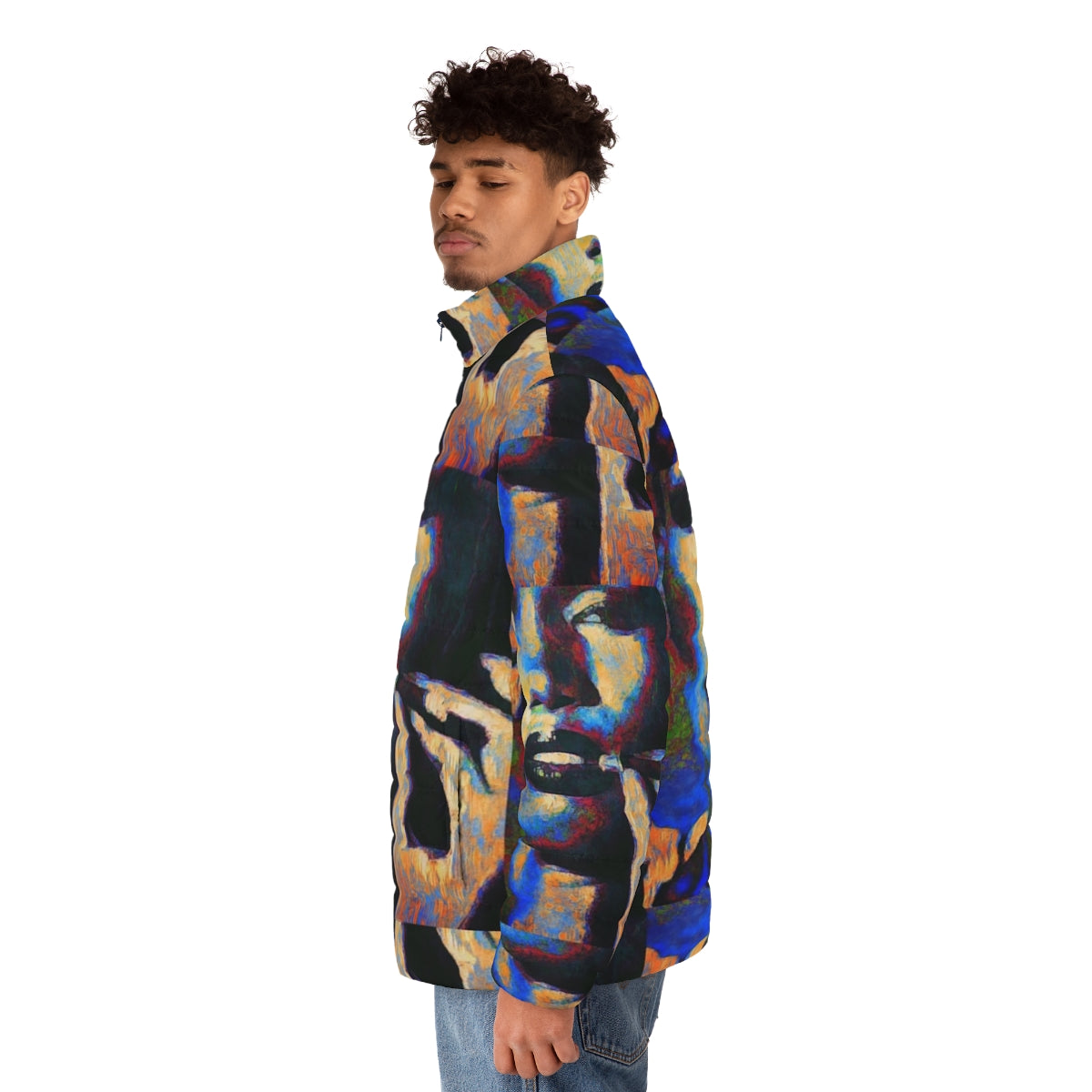 Grace Jones inspired puffer jacket with urban street art design - men side left