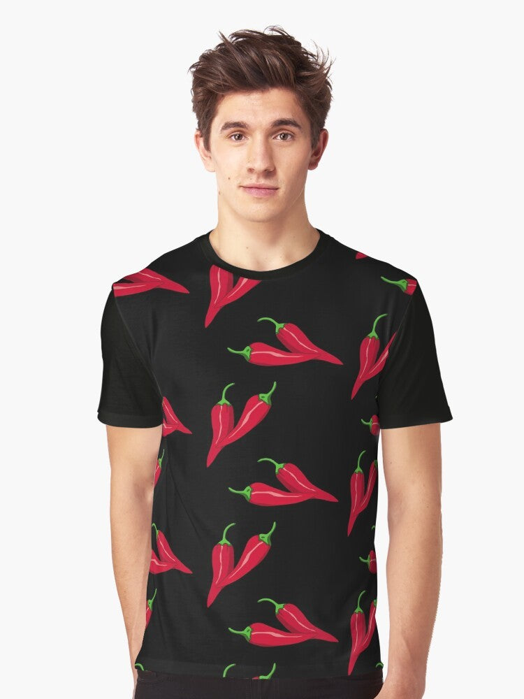 Vibrant red chili peppers in a modern, asymmetric pattern on a black background - Men