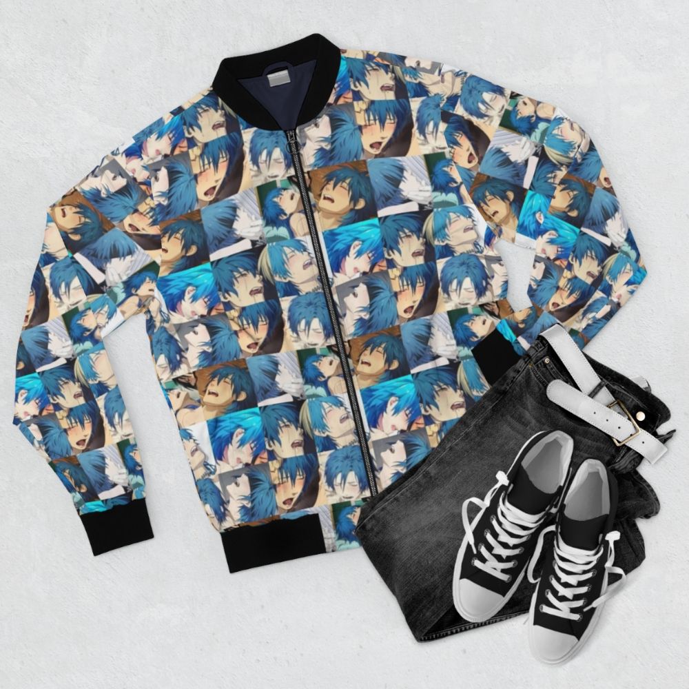 Dramatical Murder anime-inspired bomber jacket with Aoba Seragaki's character design - Flat lay