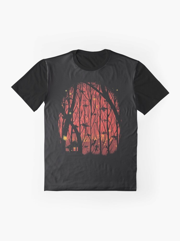 Whimsical fireflies glowing in a red forest at night on a graphic t-shirt design. - Flat lay