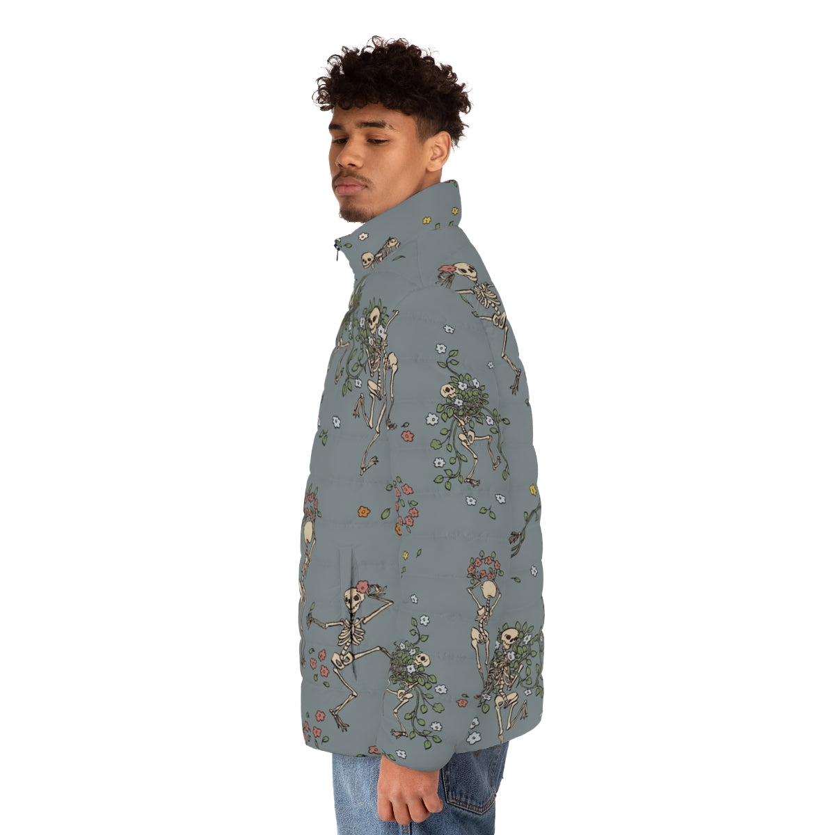 Skeleton puffer jacket with colorful floral garlands - men side left