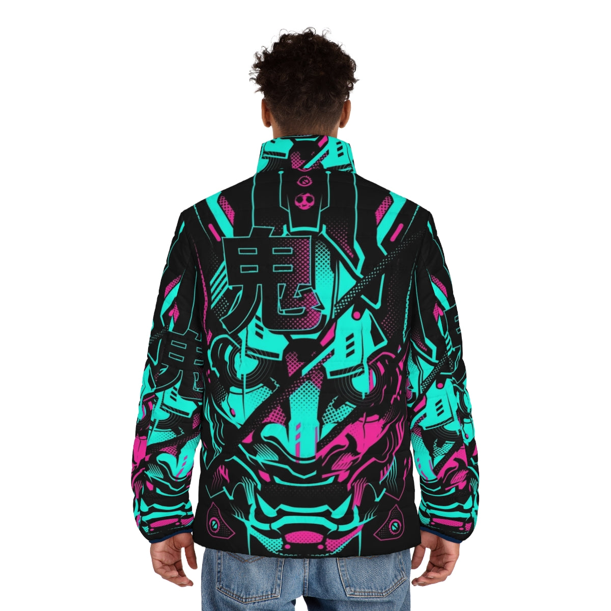 Cyberpunk-inspired neon glitch puffer jacket with oni, mecha, and Japanese design elements - men back