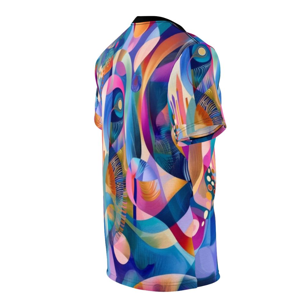 Vibrant abstract geometric design t-shirt with bold, colourful patterns inspired by modern art - men right