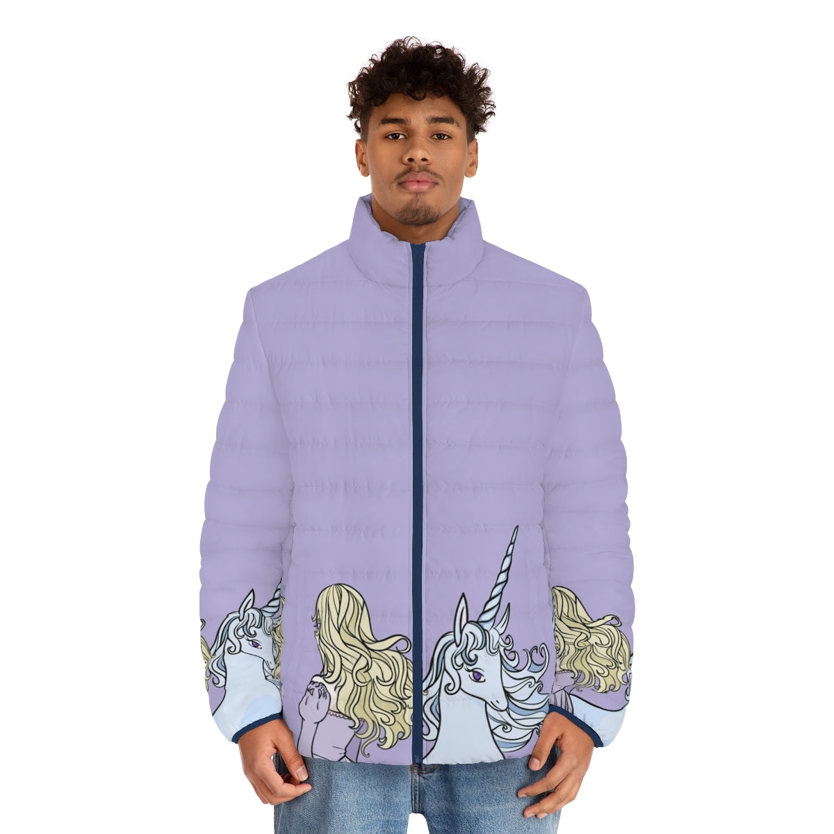 Lady Amalthea from The Last Unicorn inspired puffer jacket with whimsical unicorn design - men front