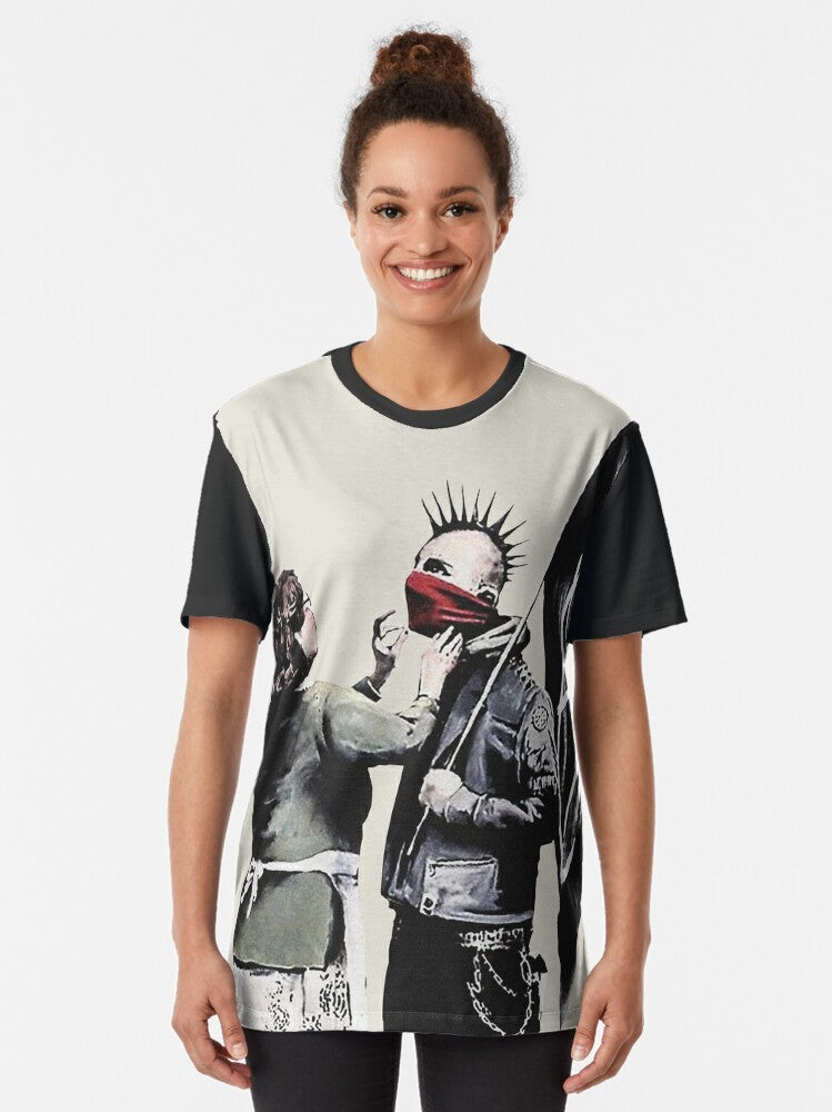 Banksy-inspired graffiti design with a punk mother and anarchist flag on a beige and white background. - Women