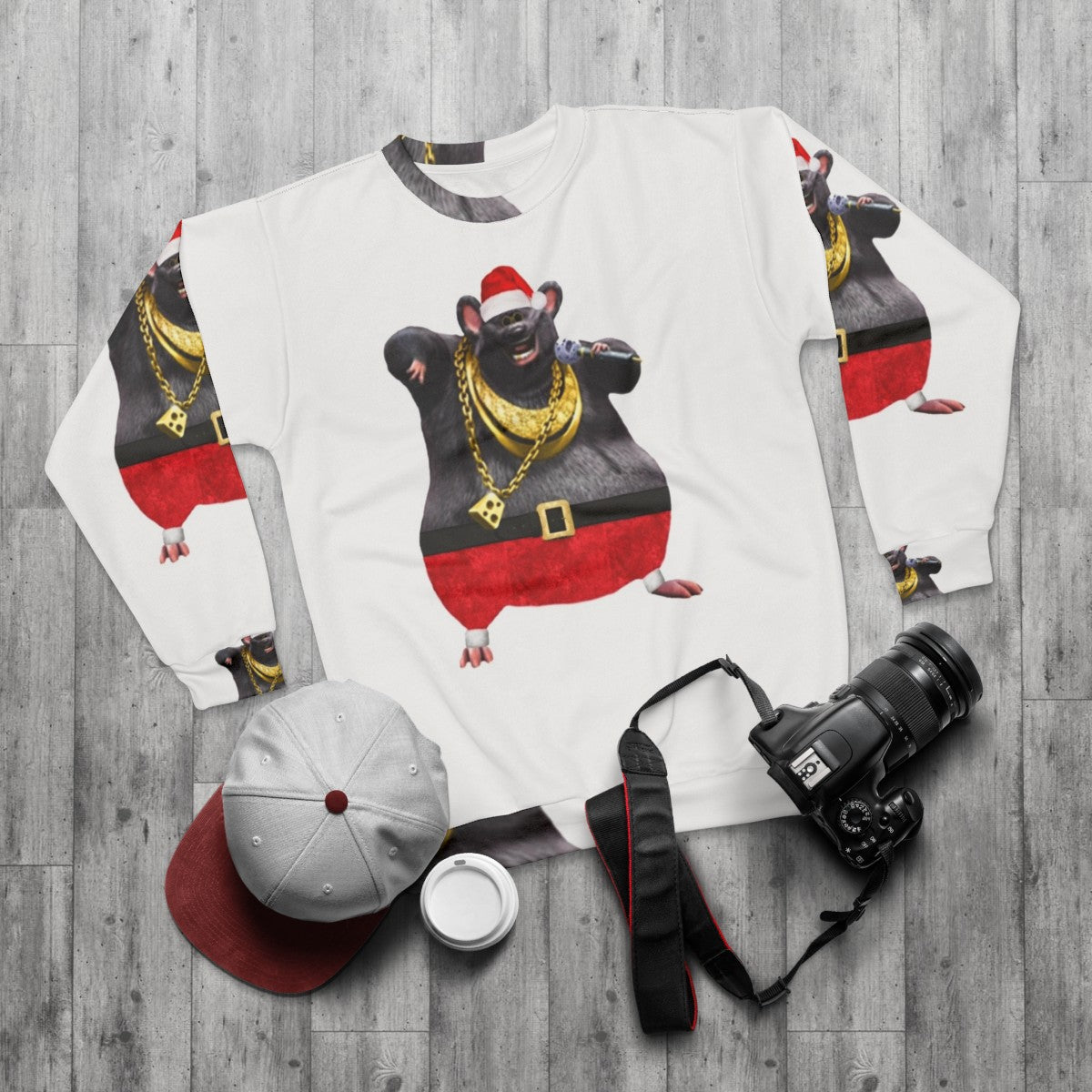 Biggie Cheese Ugly Christmas Sweatshirt - flat lay