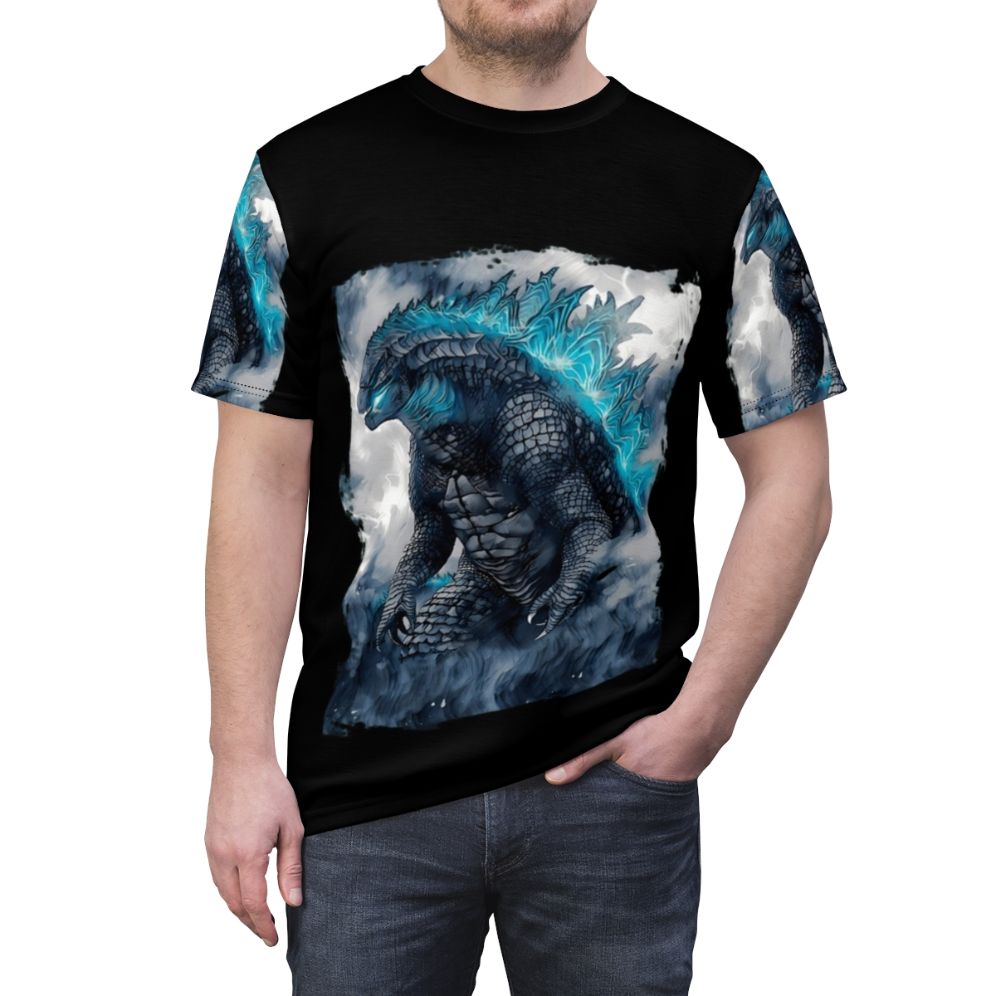 Vintage monster movie inspired all-over print t-shirt featuring a classic Godzilla-style design - men front