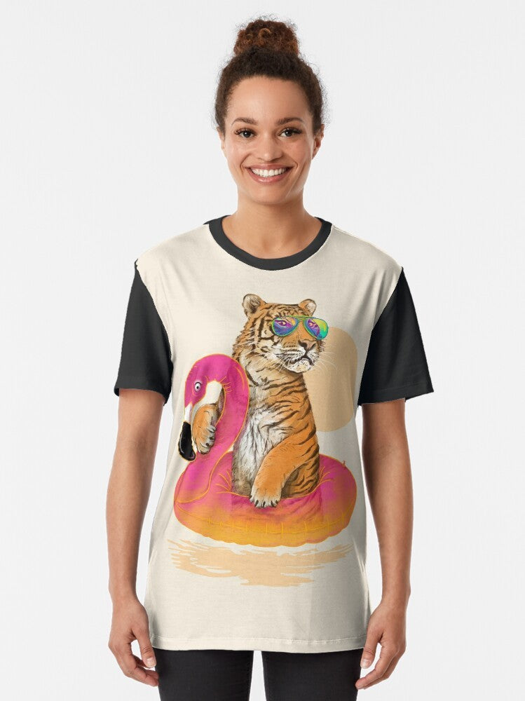 Colorful graphic t-shirt featuring a tiger and flamingo in a tropical, summery design - Women