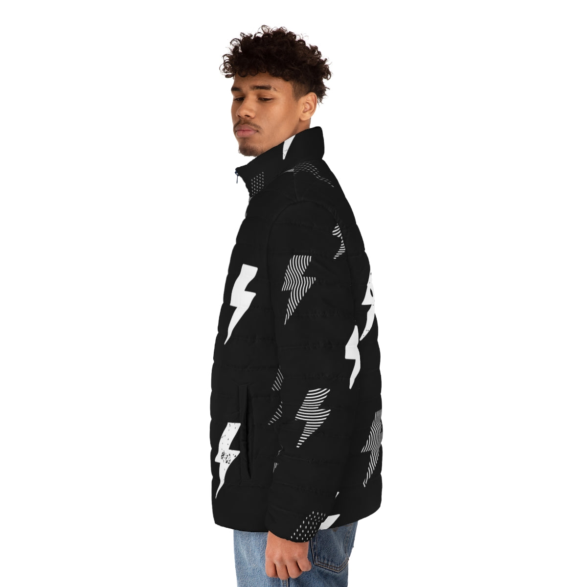 Stylish black and white thunder pattern puffer jacket - men side left