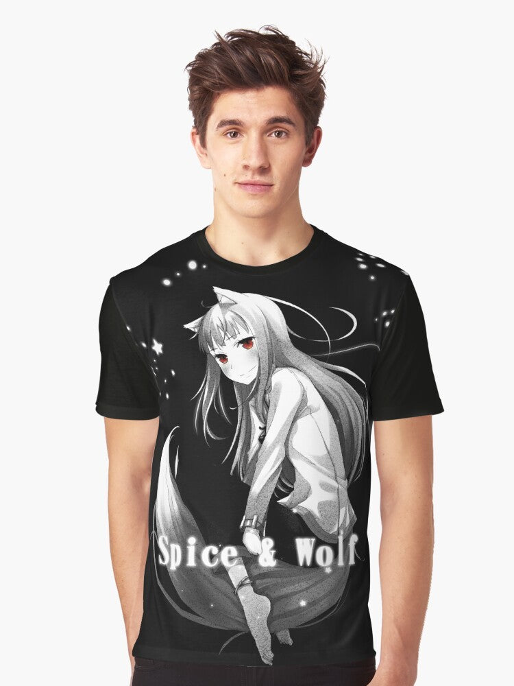 Spice and Wolf anime-inspired graphic t-shirt featuring a wolf design in a monochrome, fantasy style - Men