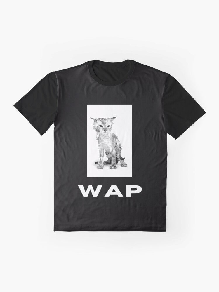 Funny graphic t-shirt featuring a wet cat with the text "WAP" - Flat lay