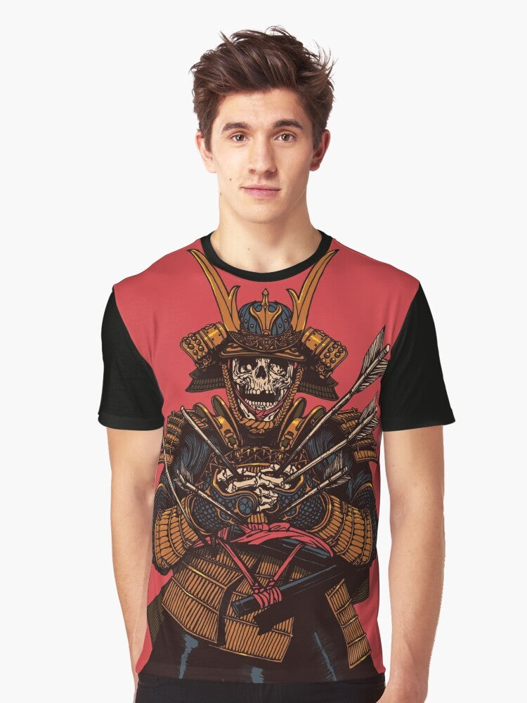 A graphic t-shirt featuring a dead samurai warrior with a sword and red background. - Men