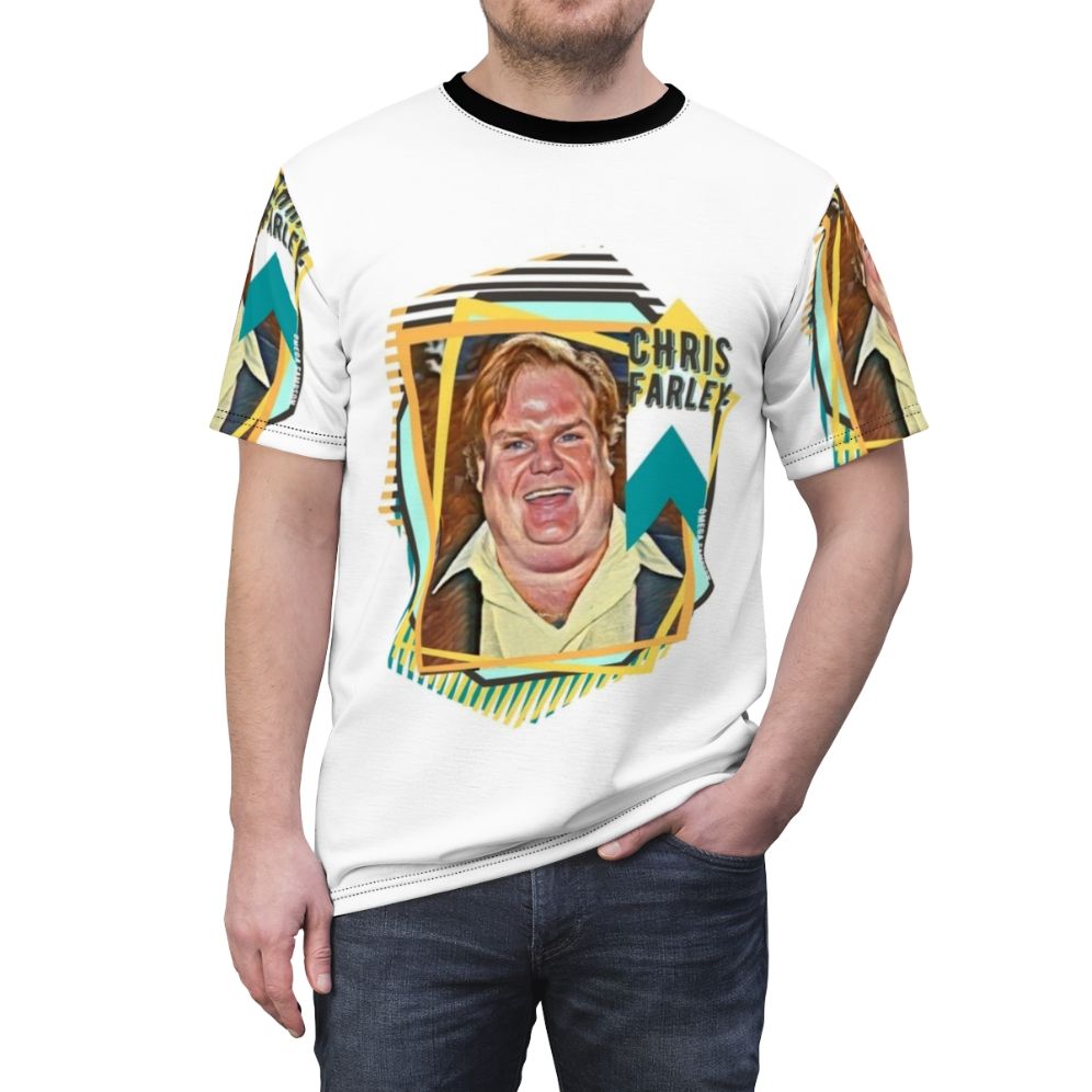 Retro-style t-shirt featuring an illustration of comedian Chris Farley - men front