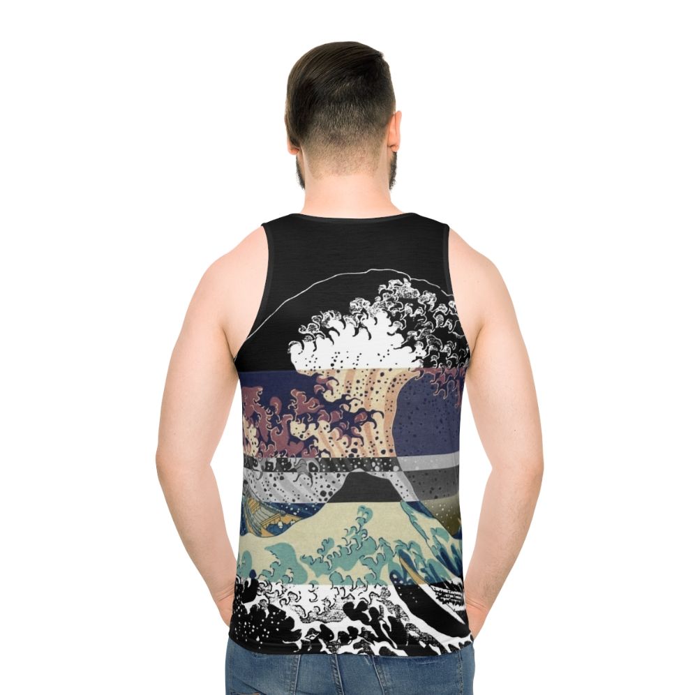 Unisex tank top featuring Hokusai's famous Great Wave print - men back