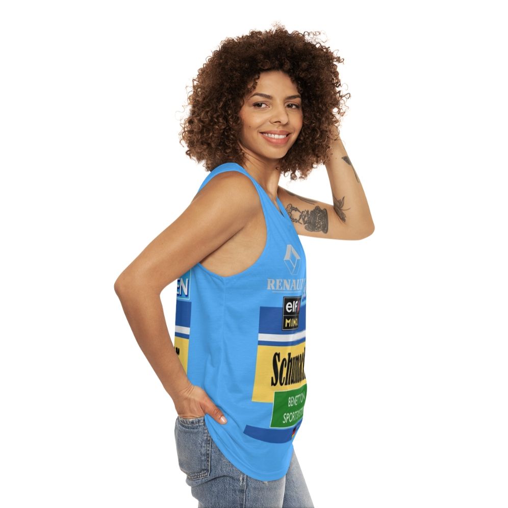 Unisex tank top featuring Michael Schumacher's 1995 Benetton Formula 1 race suit - women side