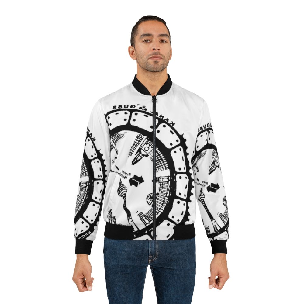 Bomber jacket featuring a manhole cover design with the Brandenburg Gate, Fernsehturm, and Gedächtniskirche in Berlin, Germany - Lifestyle