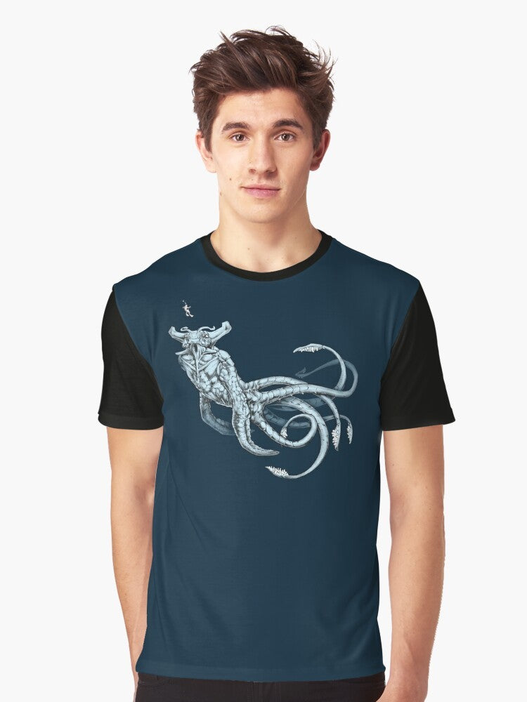 A graphic t-shirt featuring the mysterious Sea Emperor, a leviathan creature from the game Subnautica. - Men