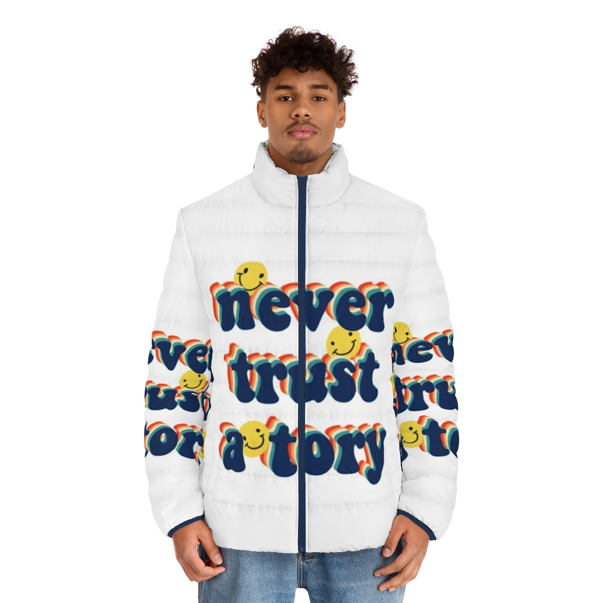 "Anti-Tory Puffer Jacket with 'Never Trust a Tory' slogan" - men front