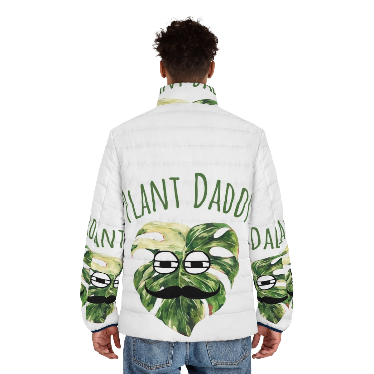 A cozy puffer jacket with a plant-themed design, perfect for the ultimate plant lover - men back