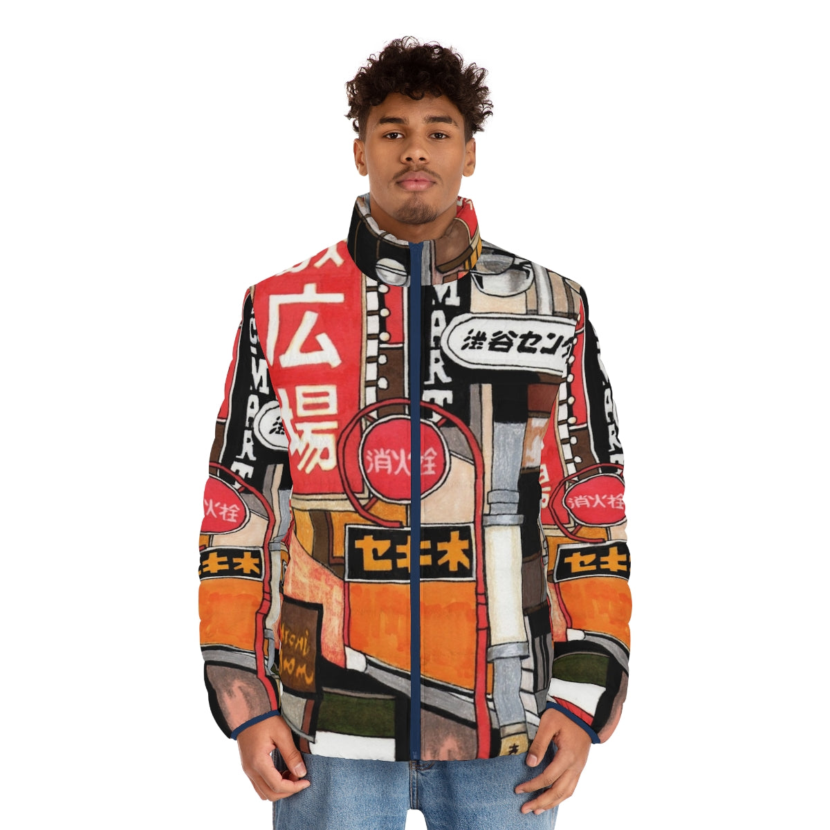 Tokyo street signs puffer jacket with neon graphic and calligraphy print - men front