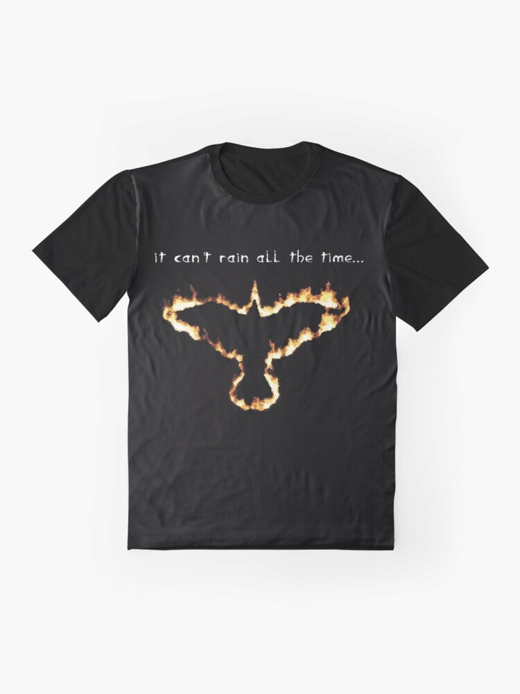 Fire Crow Graphic T-Shirt - Dark Gothic Movie Inspired Tee with Crow, Rain, and Quotes - Flat lay