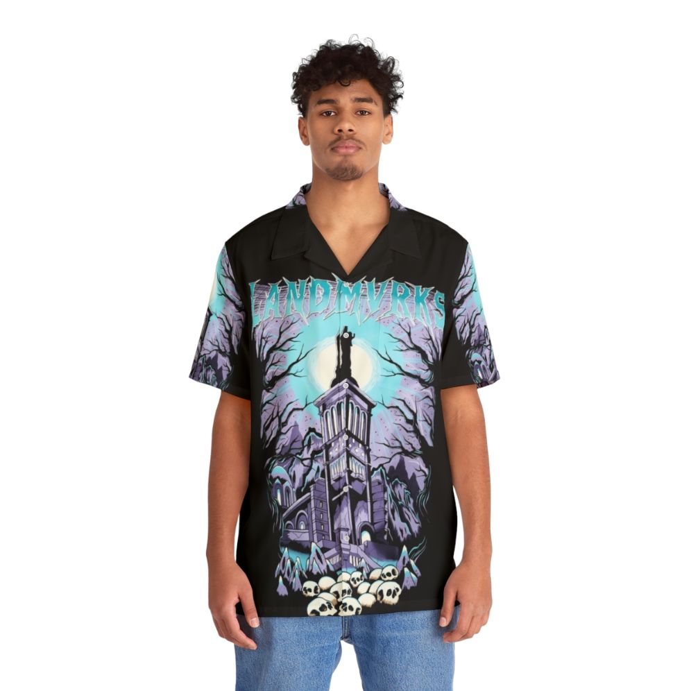 Skull Castle Hawaiian Shirt featuring a dark, spooky castle design - People Front