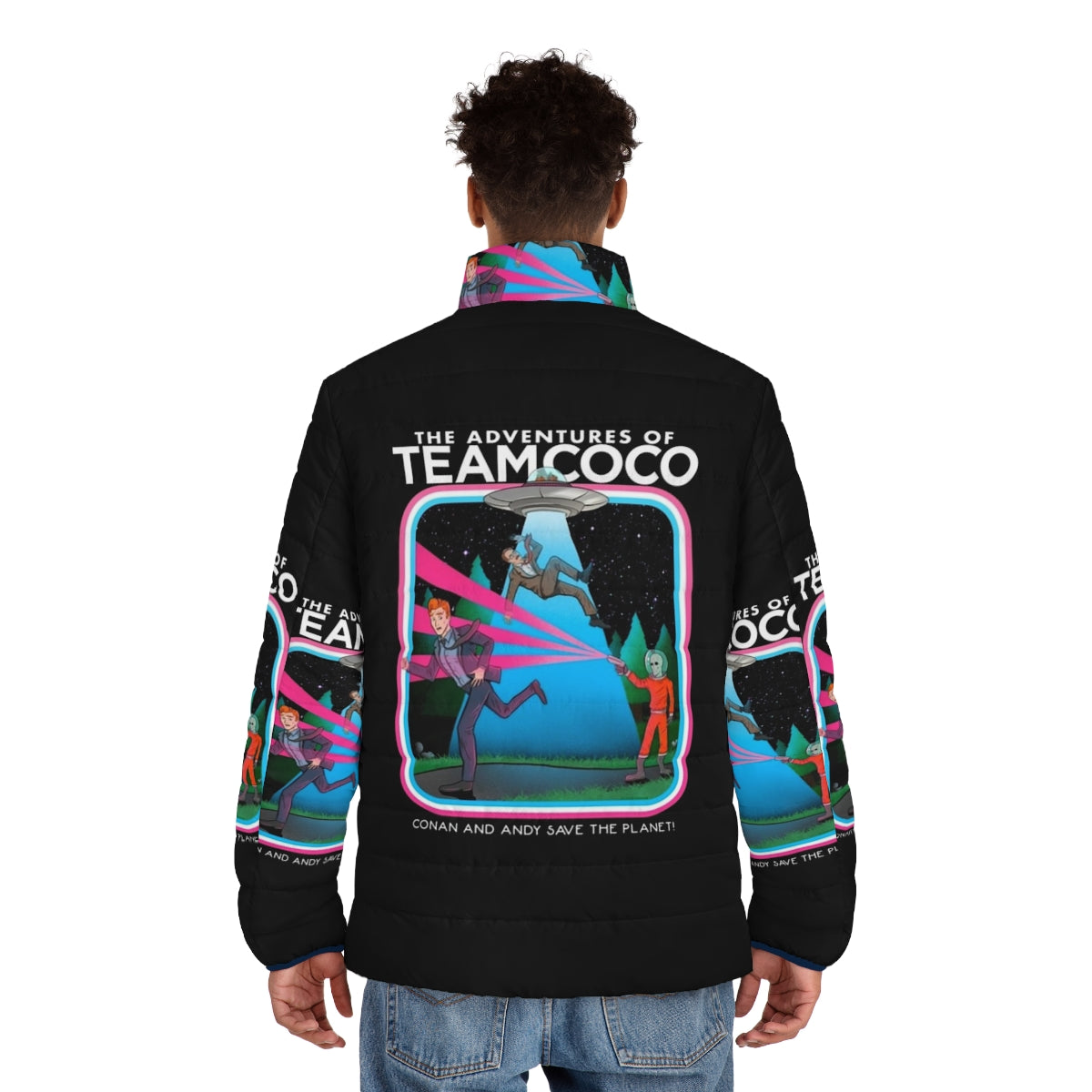 Team Coco Puffer Jacket with UFO and alien graphics - men back