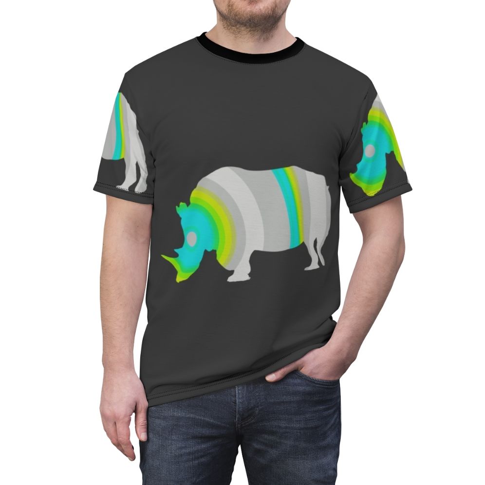 Colorful and abstract illustration of a rhinoceros on a t-shirt - men front