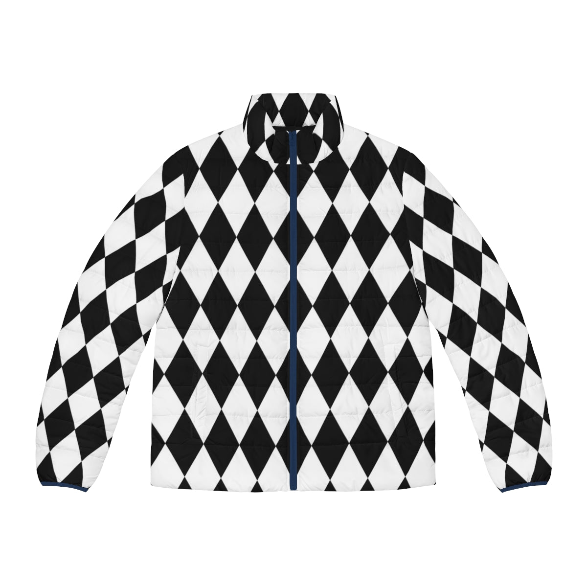 Black and white harlequin diamond pattern puffer jacket