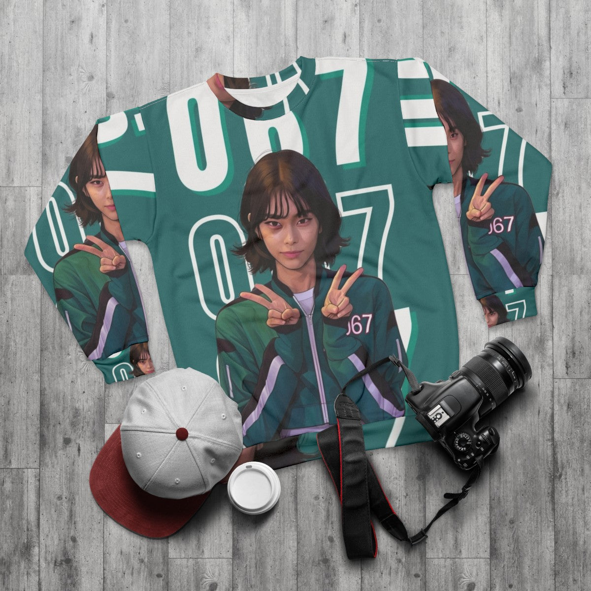 Squid Game Player 067 Kang Sae Byeok Sweatshirt - flat lay